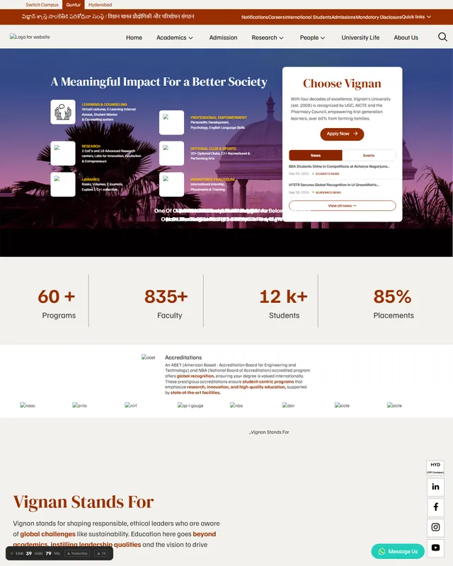Vignan's University website designed by WebSamrat