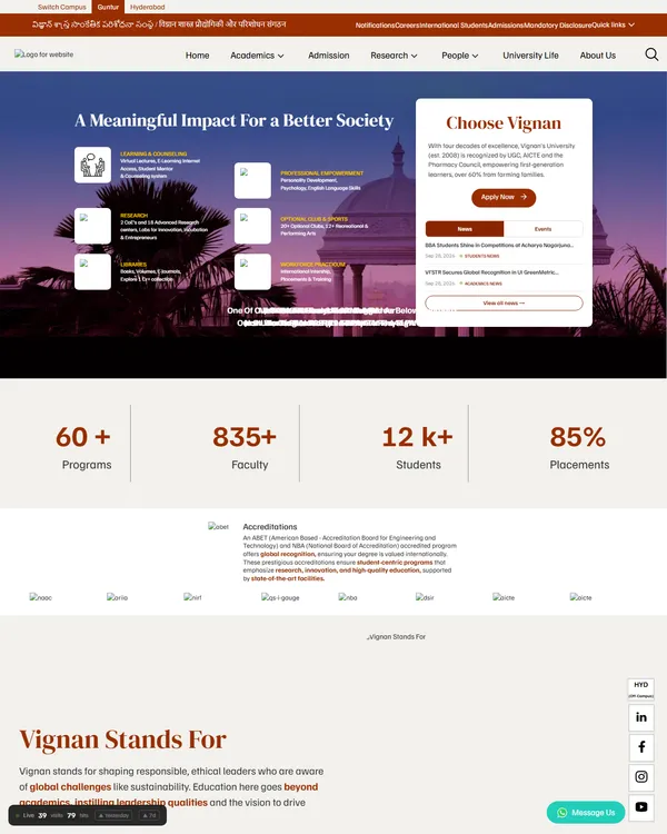 Vignan's University website designed by WebSamrat Technologies